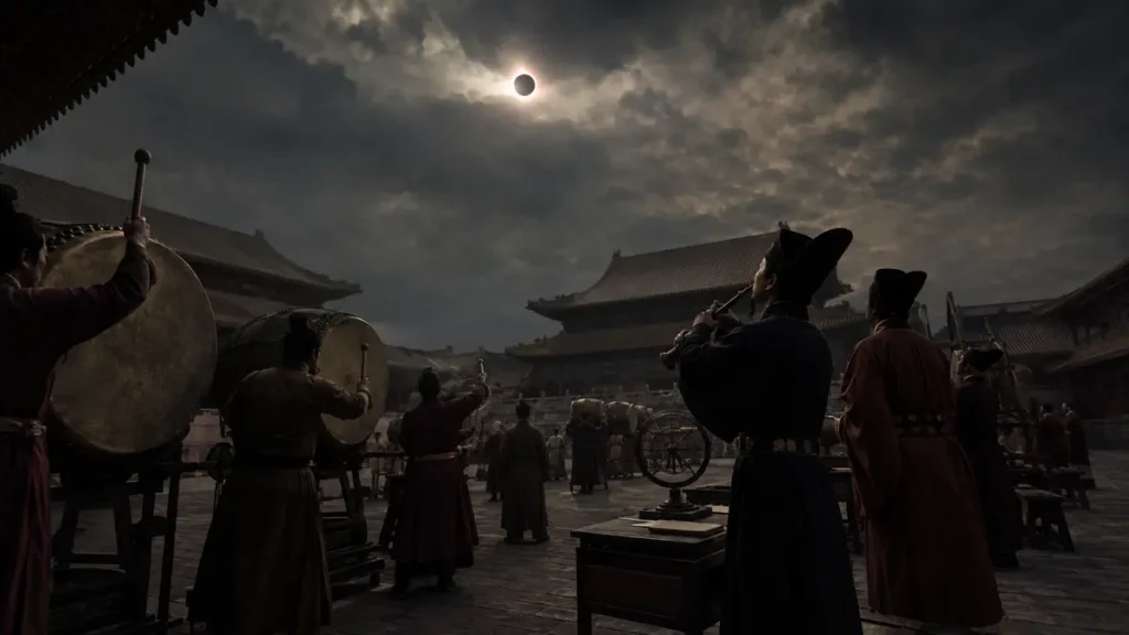 Ceremonia con tambores durante un eclipse solar en la antigua China