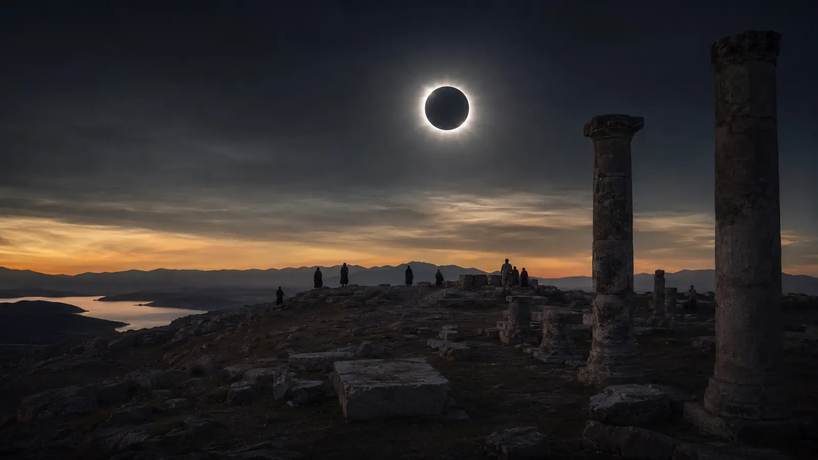 Eclipse total de Sol sobre las ruinas de un santuario de la Antigüedad