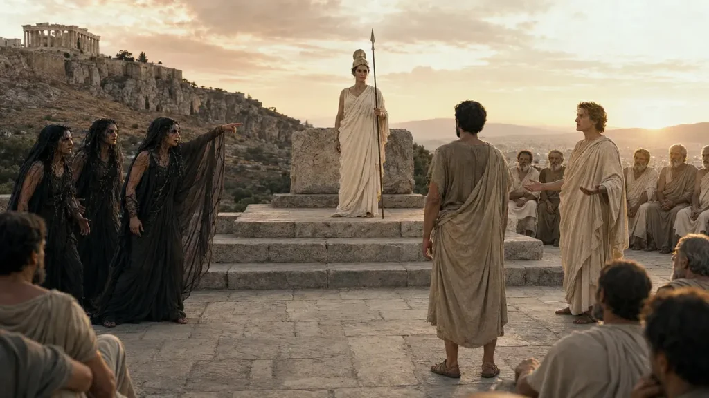 Atenea preside el juicio de Orestes entre Apolo y las Erinias