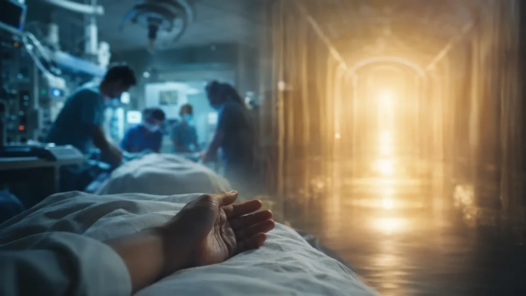 Habitación de hospital que se prolonga hacia un pasaje de luz durante una ECM