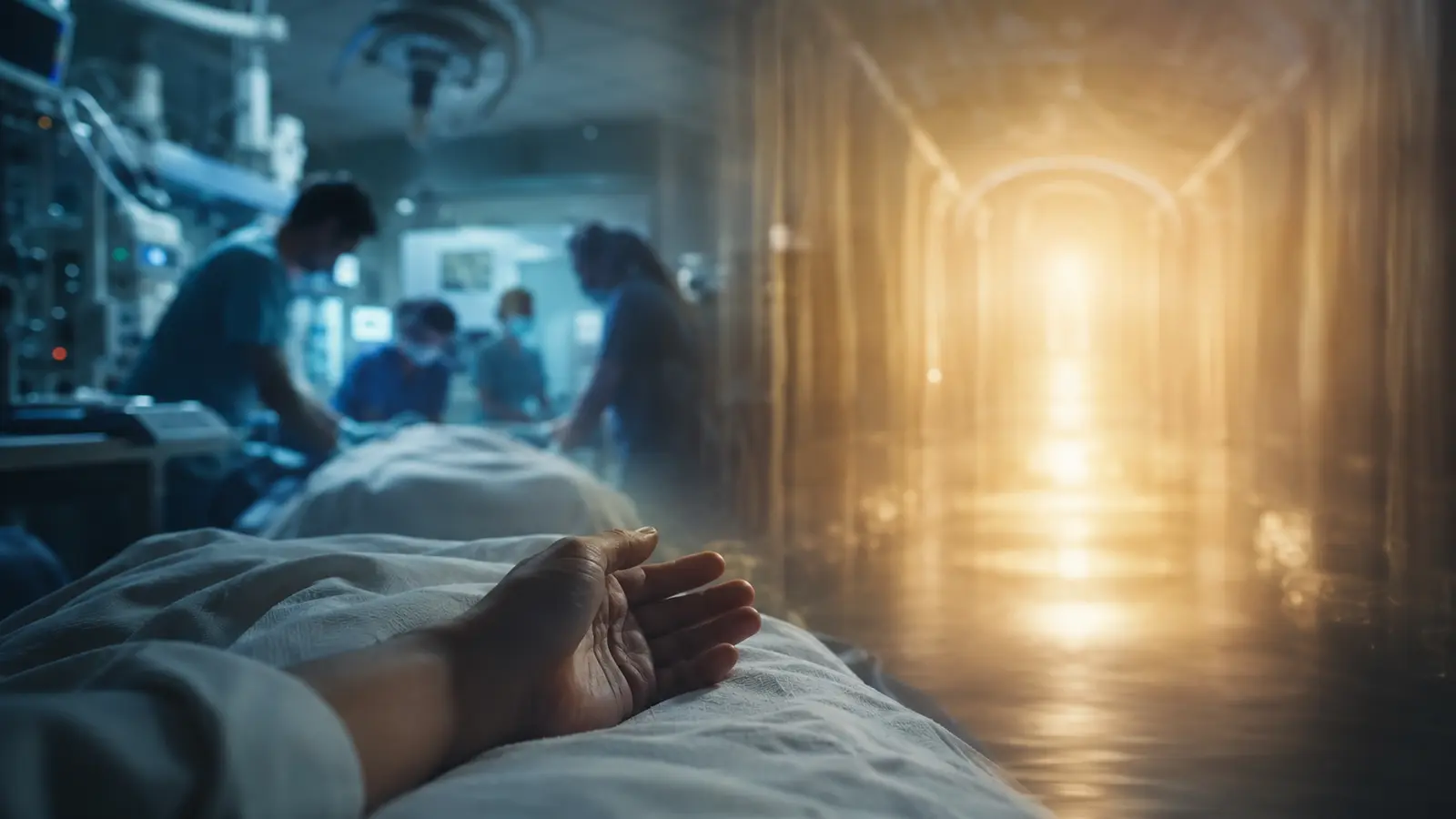 Habitación de hospital que se prolonga hacia un pasaje de luz durante una ECM