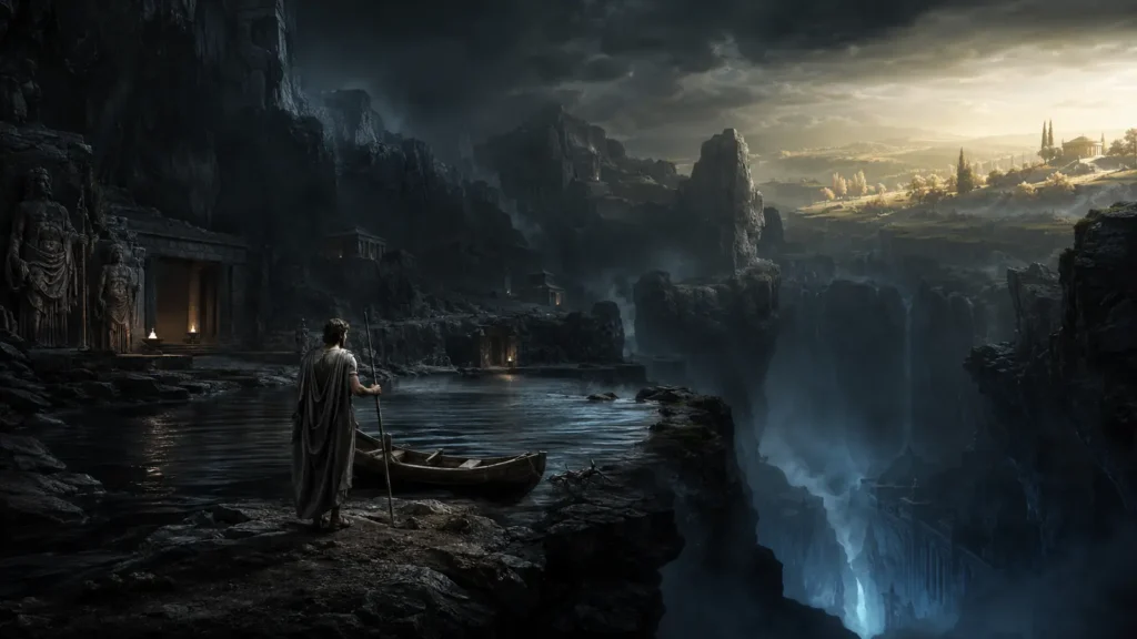 Hades, el abismo del Tártaro y los Campos Elíseos en un paisaje mitológico