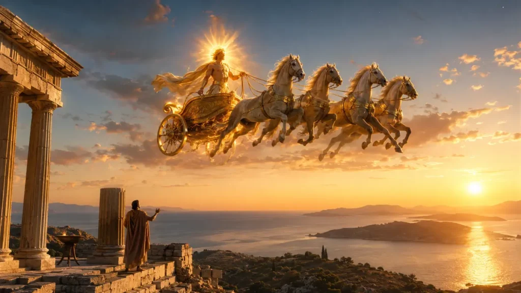 Helios conduce su carro solar sobre el mar Egeo al amanecer