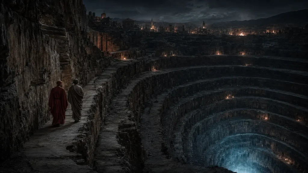 Dante y Virgilio descienden por los círculos de un gran abismo medieval