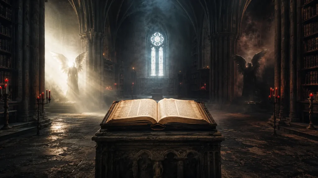 Dos figuras simbólicas separadas por un manuscrito sobre Lucifer y Satanás