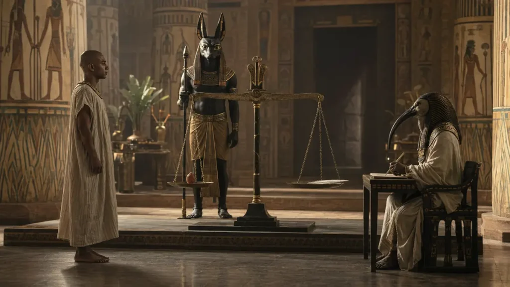 Anubis pesa el corazón frente a la pluma de Maat en el más allá egipcio