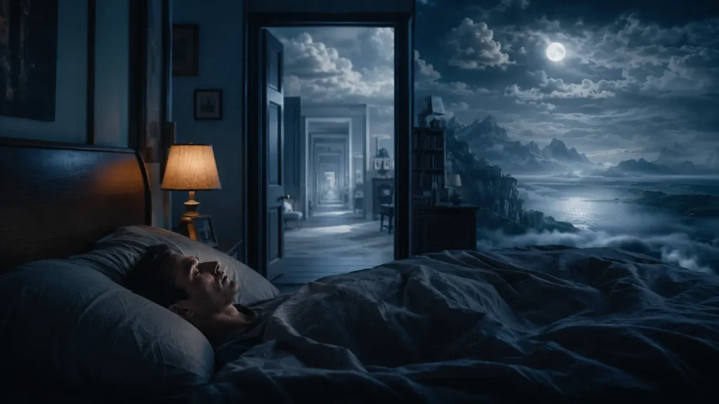 Persona dormida mientras su habitación se transforma en un paisaje de sueño vívido