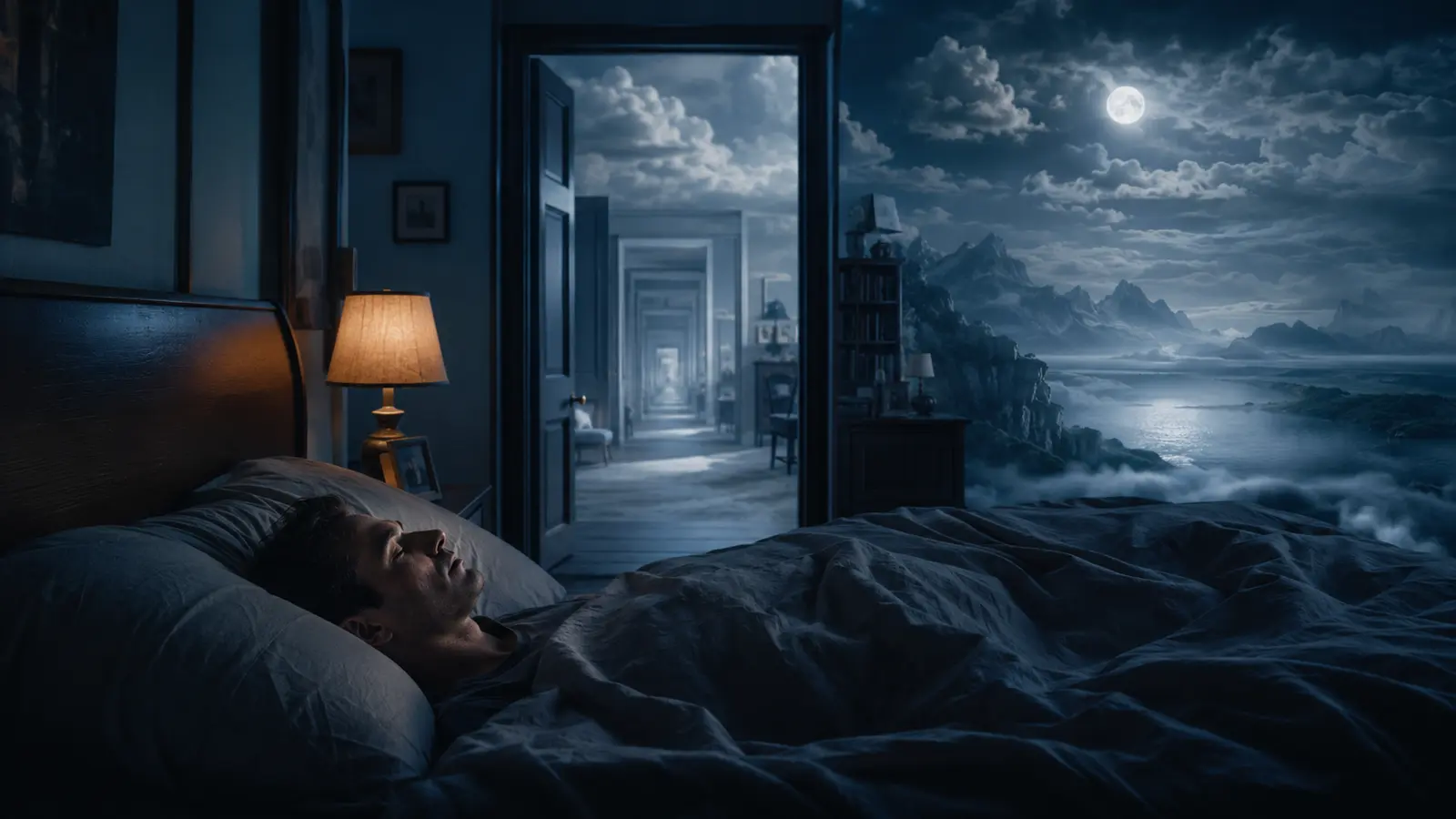 Persona dormida mientras su habitación se transforma en un paisaje de sueño vívido