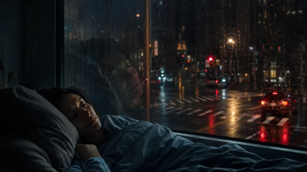 Persona dormida junto a una ciudad lluviosa que evoca un sueño premonitorio