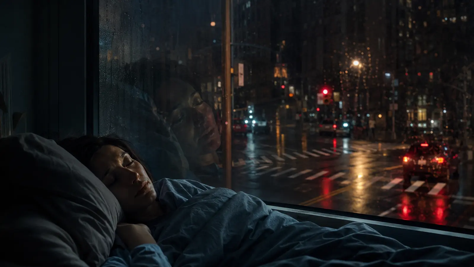 Persona dormida junto a una ciudad lluviosa que evoca un sueño premonitorio