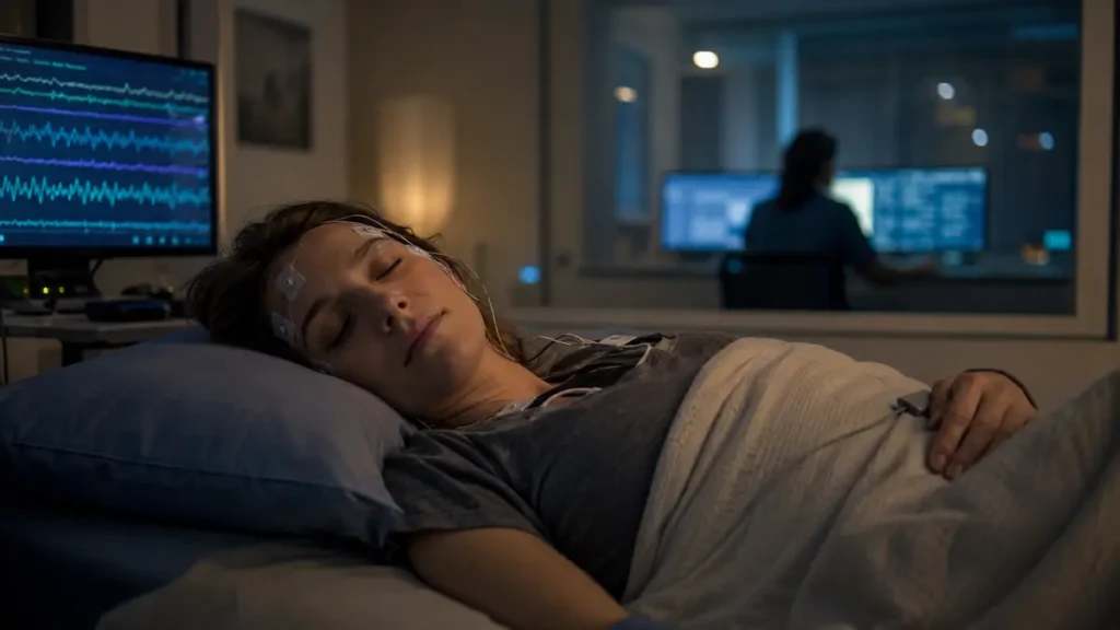 Estudio del sueño REM en un laboratorio mientras una persona duerme