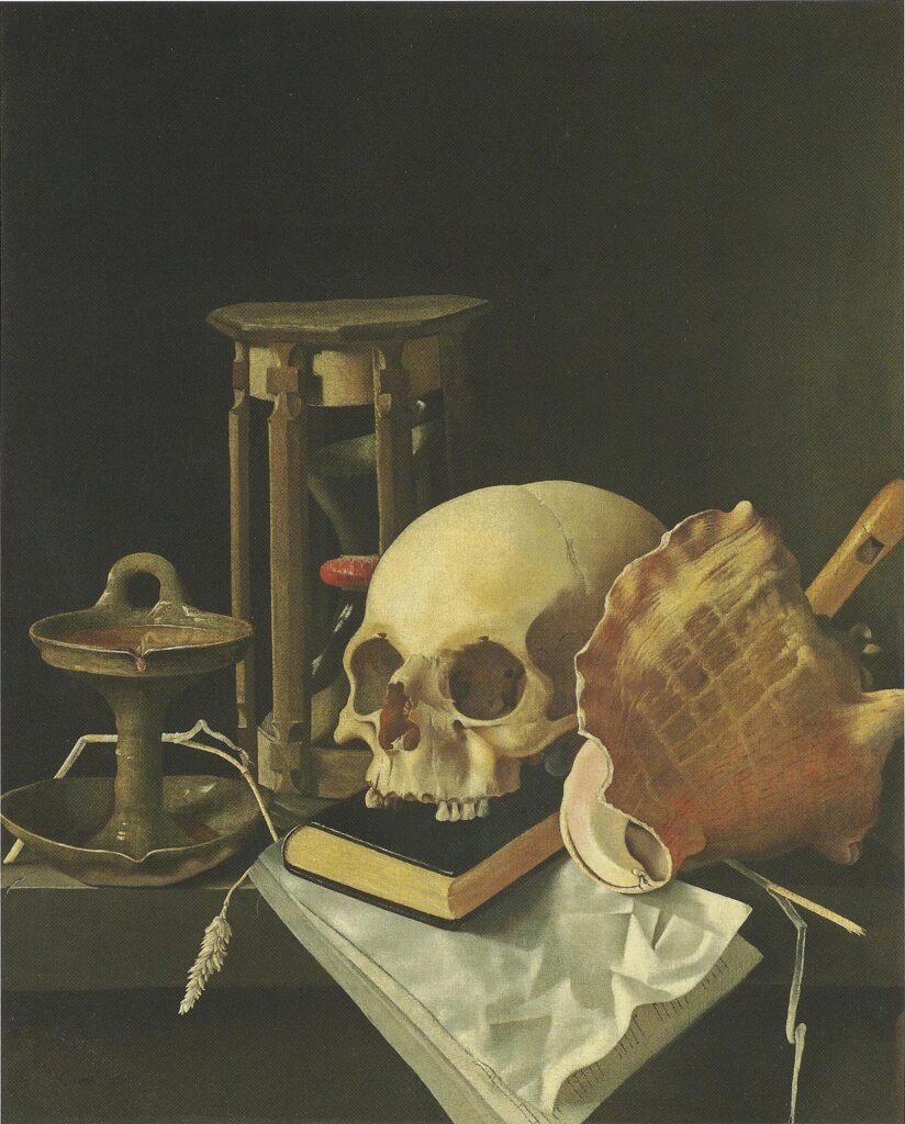 Vanitas con calavera y reloj de arena, u00f3leo de Adriaen Coorte