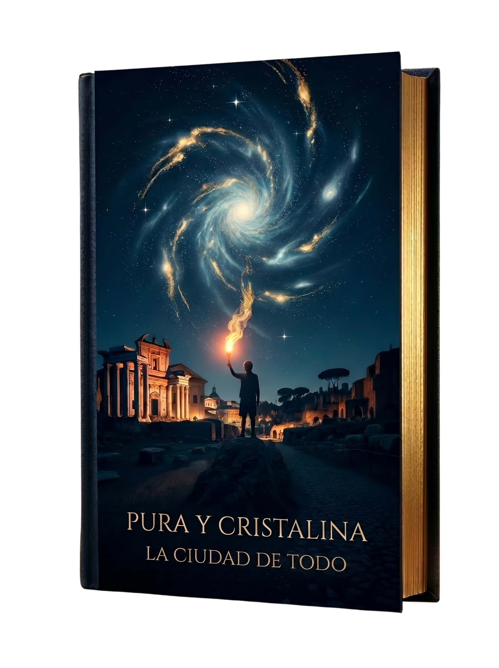 Portada de la novela Pura y Cristalina: una galaxia en espiral sobre el Foro Romano y la silueta de un joven con una antorcha